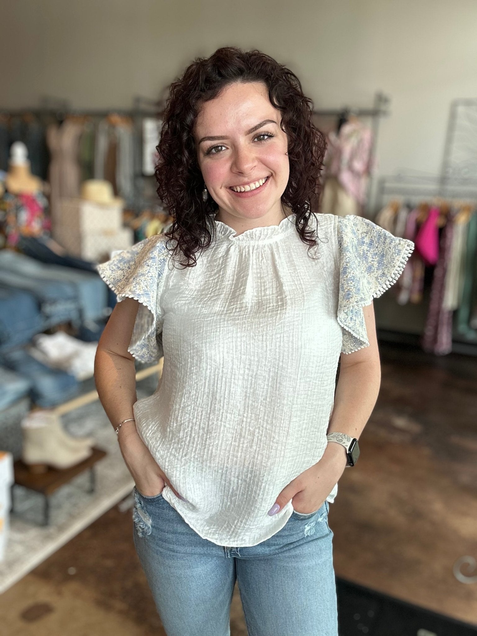 Mixed Media Flutter Sleeve Top - Mainstream Boutique