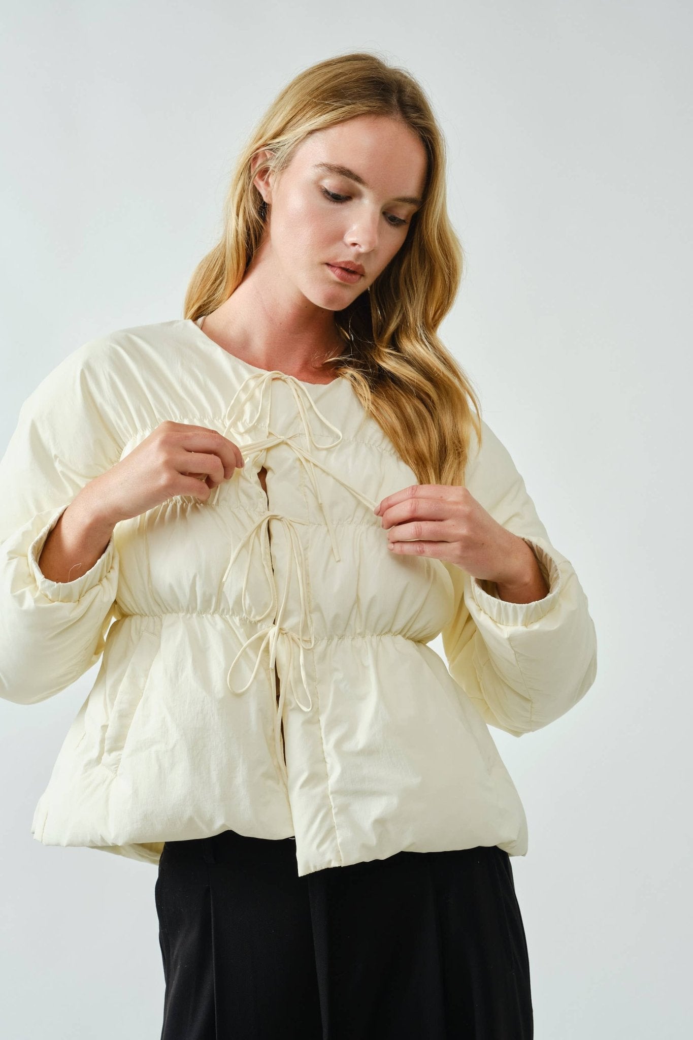 Babydoll Ribbon Padded Jacket - Cream - Mainstream Boutique