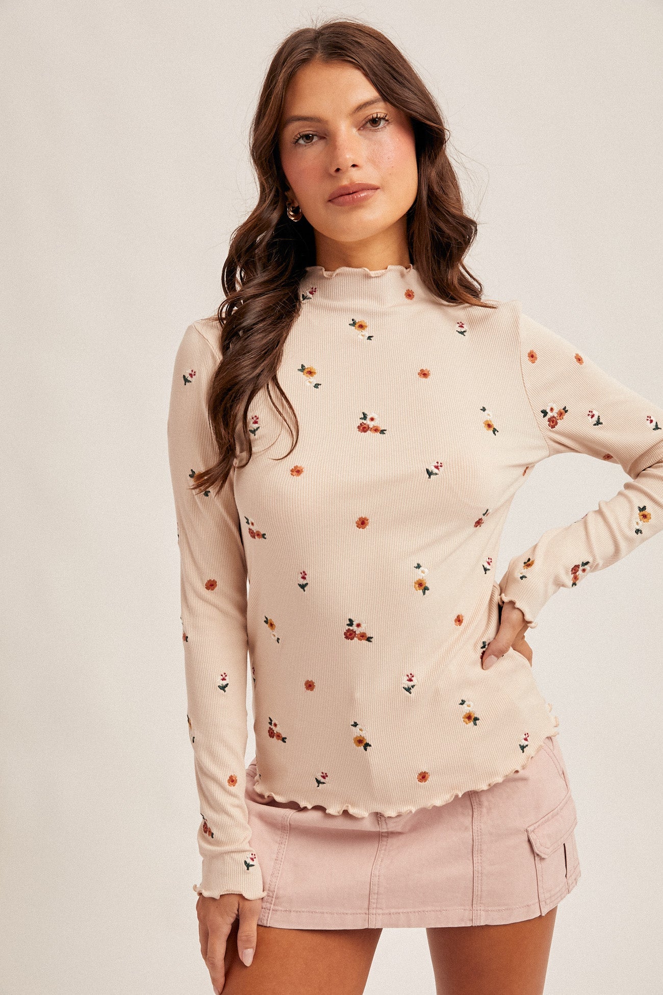 Floral Embroidered Mock Neck Top With Lettuce Edge - Mainstream Boutique