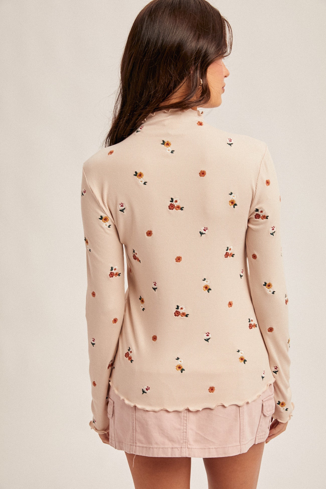 Floral Embroidered Mock Neck Top With Lettuce Edge - Mainstream Boutique