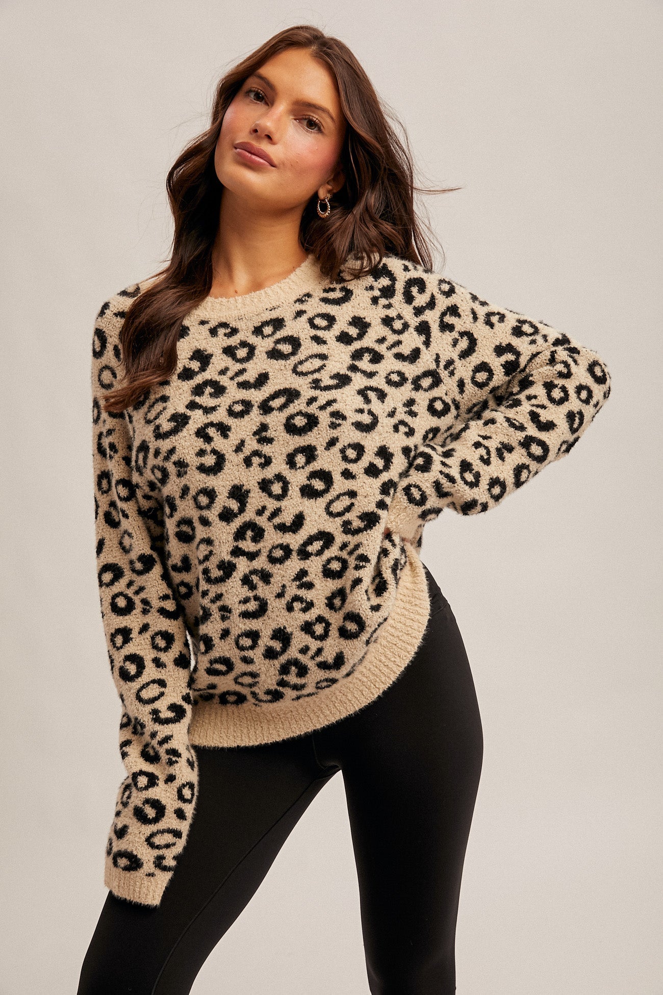 Raglan Sleeve Fuzzy Leopard Print Sweater - Mainstream Boutique