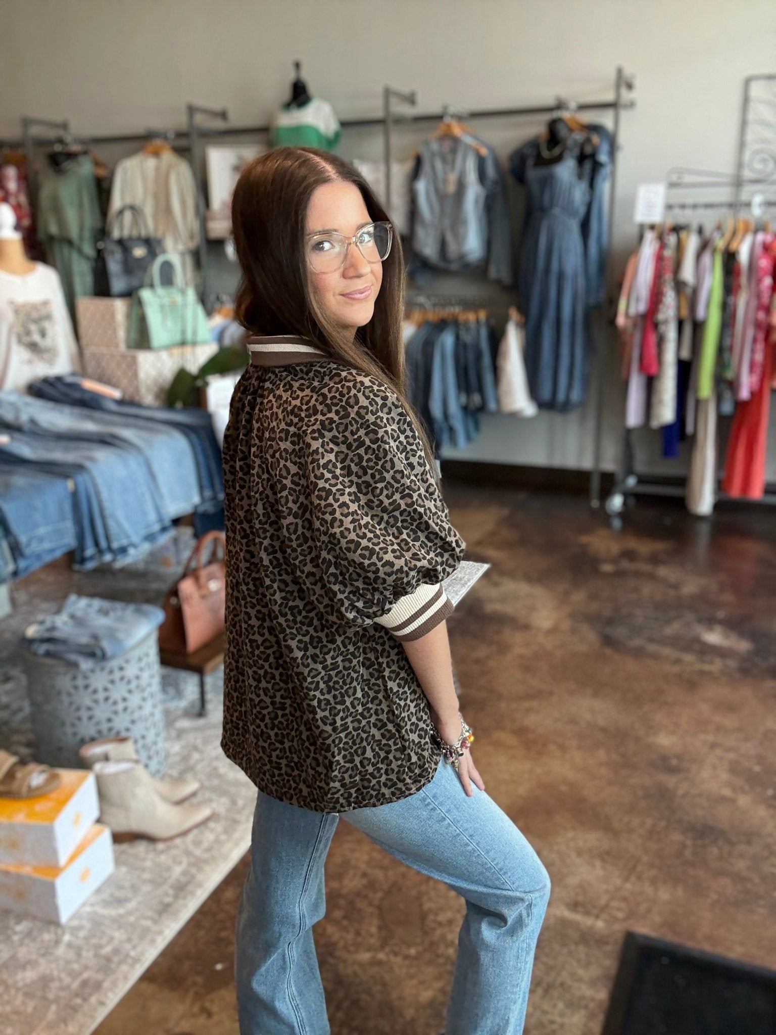 Leopard Half - Zip Puff Sleeve Top - Mainstream Boutique