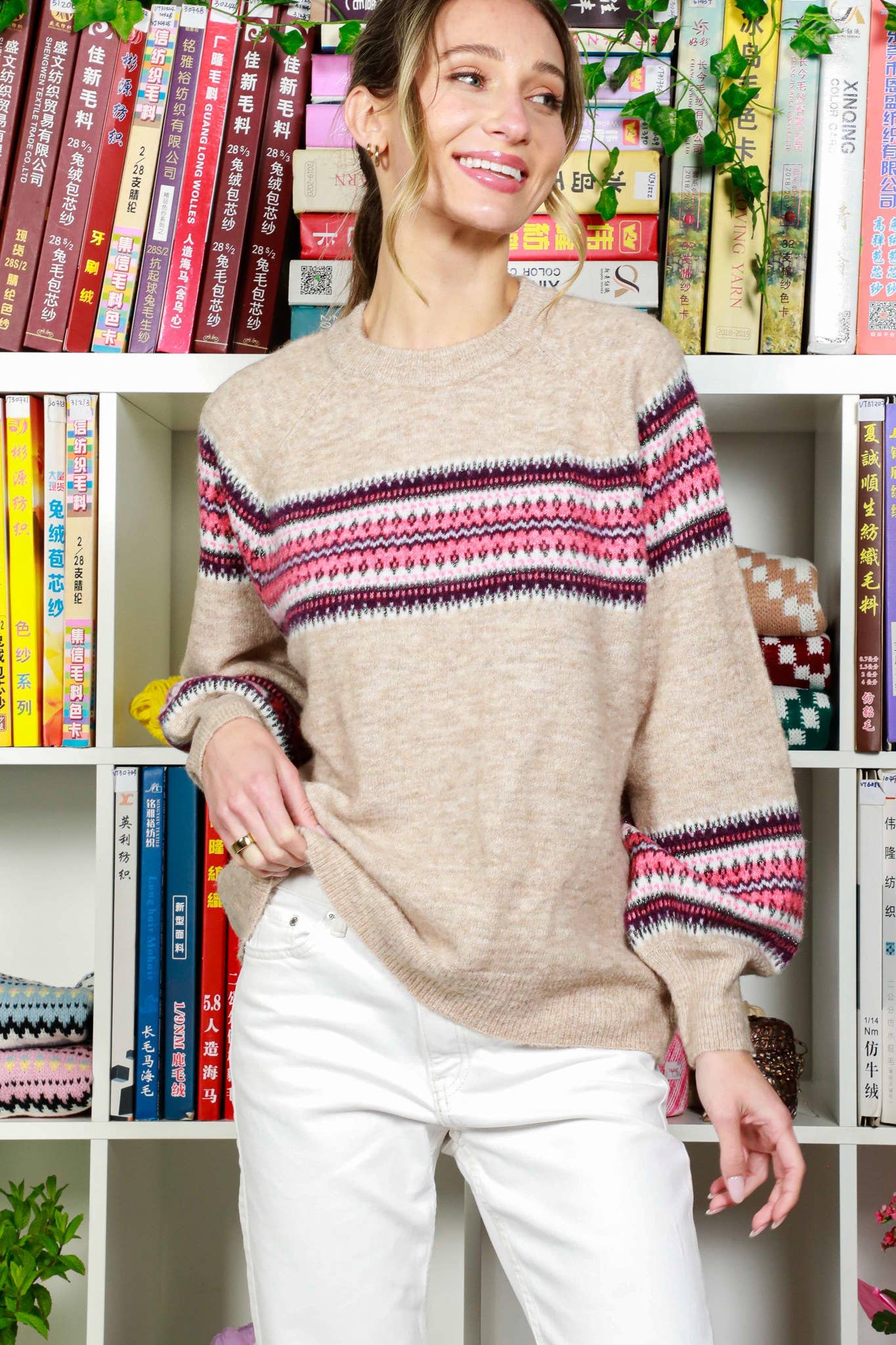 Crew Neck Balloon Sleeve Geo Pattern Printed Sweater - Mainstream Boutique