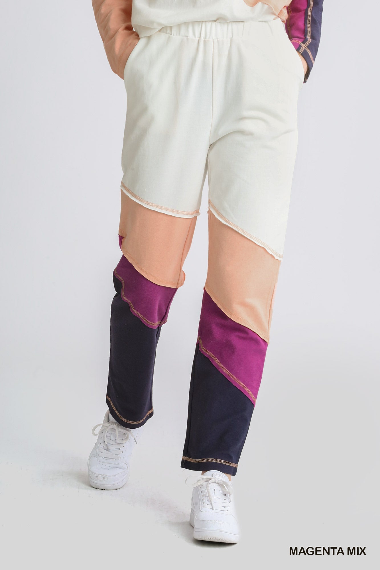 French Terry Color Block Stitches And Raw Edged Detail Elastic Waistband Pants With Pockets - Mainstream Boutique