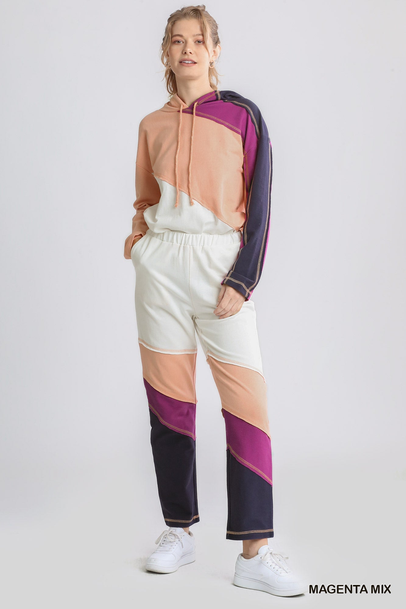 French Terry Color Block Stitches And Raw Edged Detail Sweater - Mainstream Boutique
