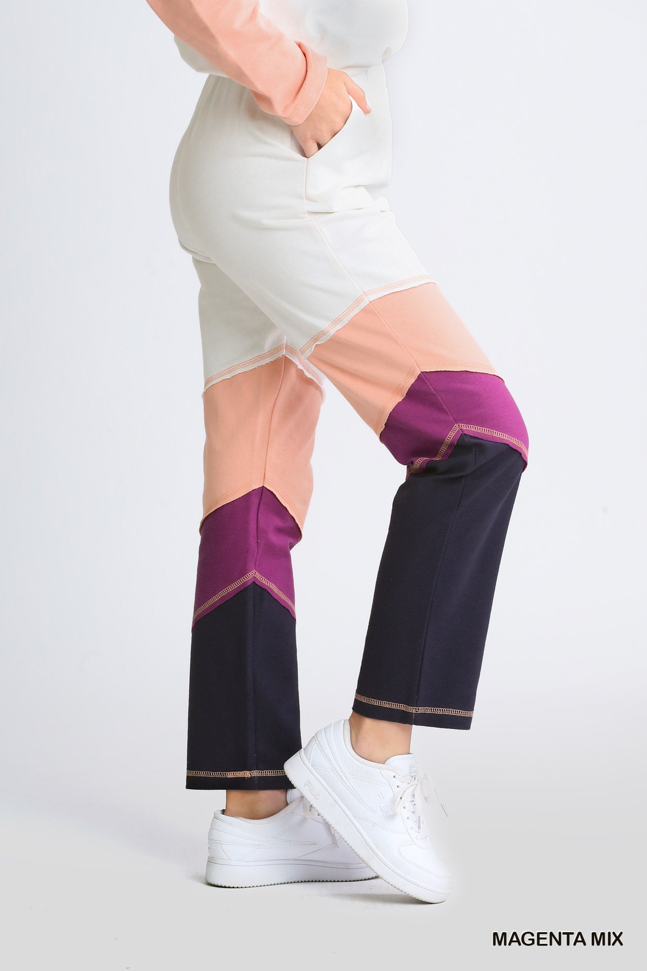 French Terry Color Block Stitches And Raw Edged Detail Elastic Waistband Pants With Pockets - Mainstream Boutique