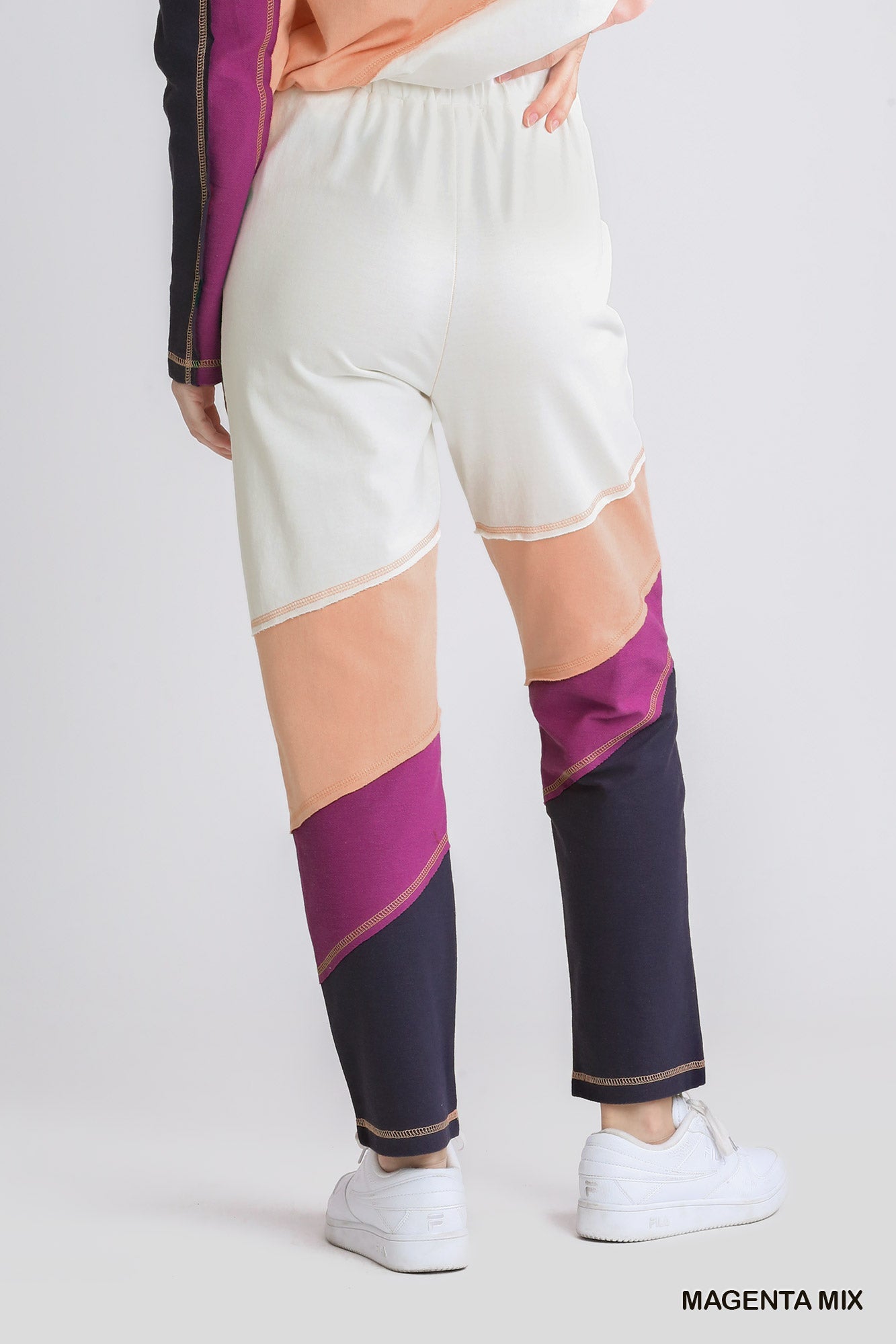 French Terry Color Block Stitches And Raw Edged Detail Elastic Waistband Pants With Pockets - Mainstream Boutique