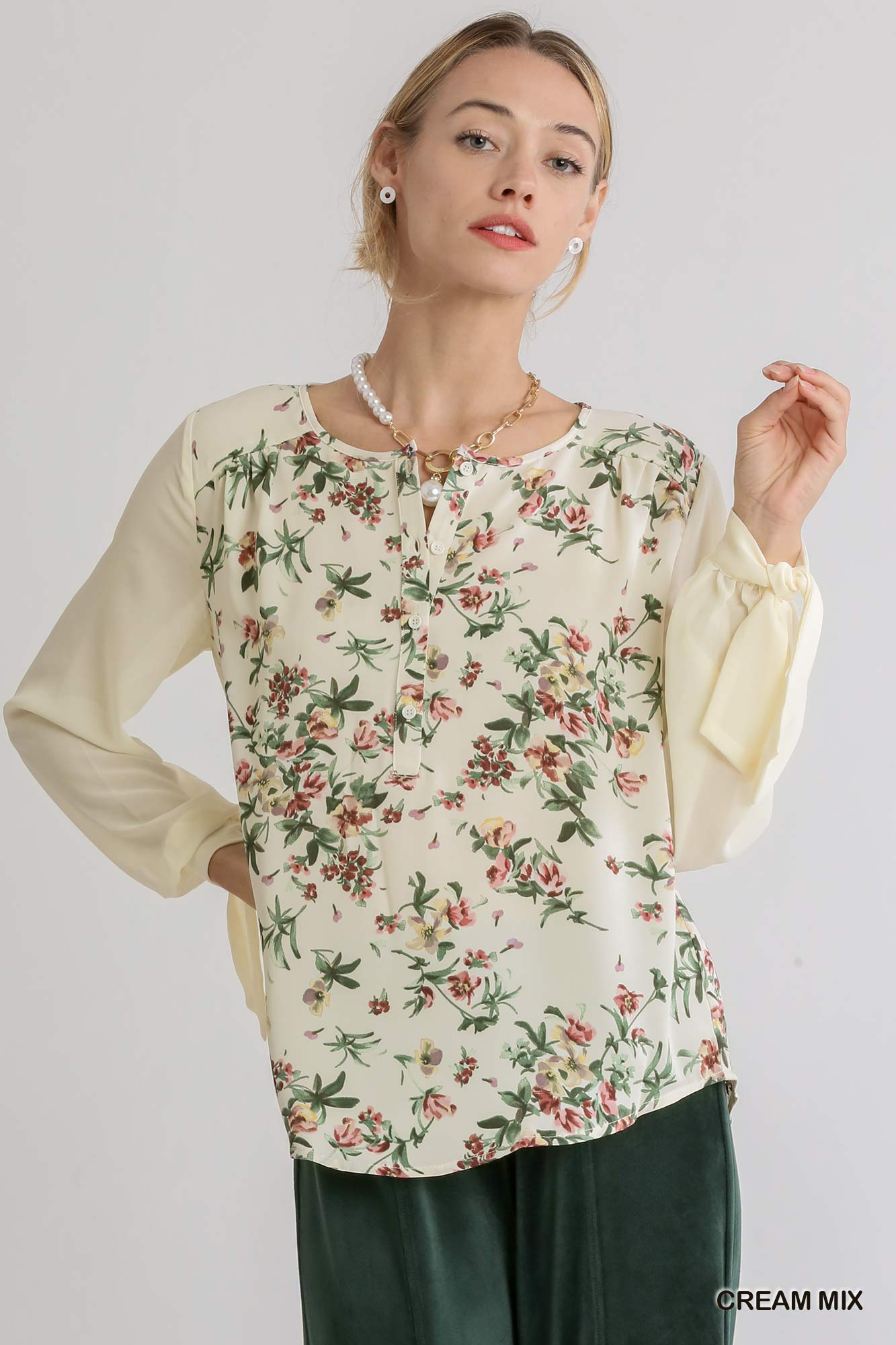 Mixed Floral Print Half Button Front Long Sheer Sleeve Top With Knotted Cuffs - Mainstream Boutique