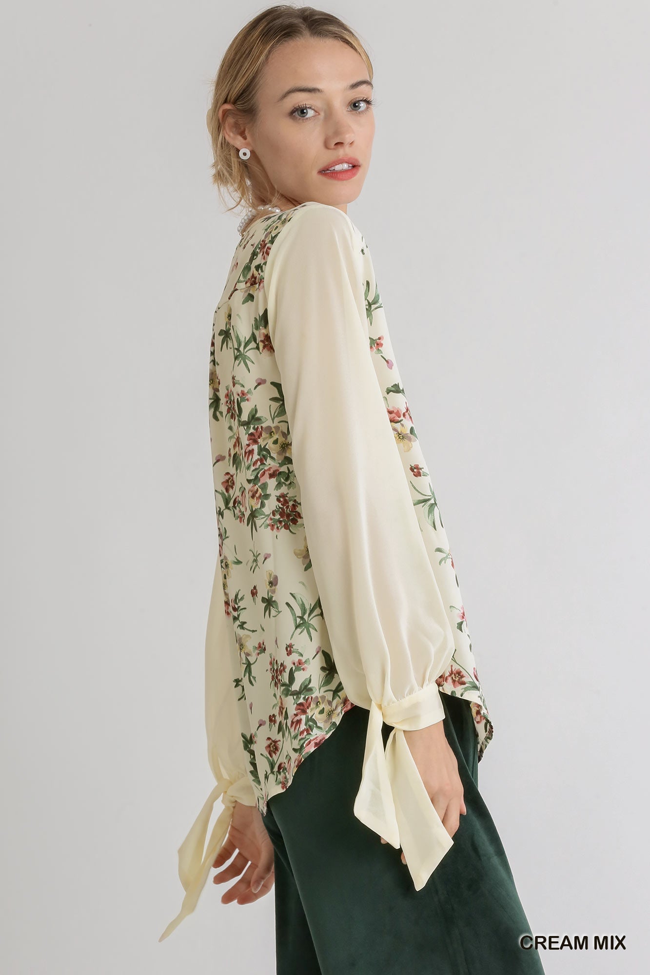 Mixed Floral Print Half Button Front Long Sheer Sleeve Top With Knotted Cuffs - Mainstream Boutique