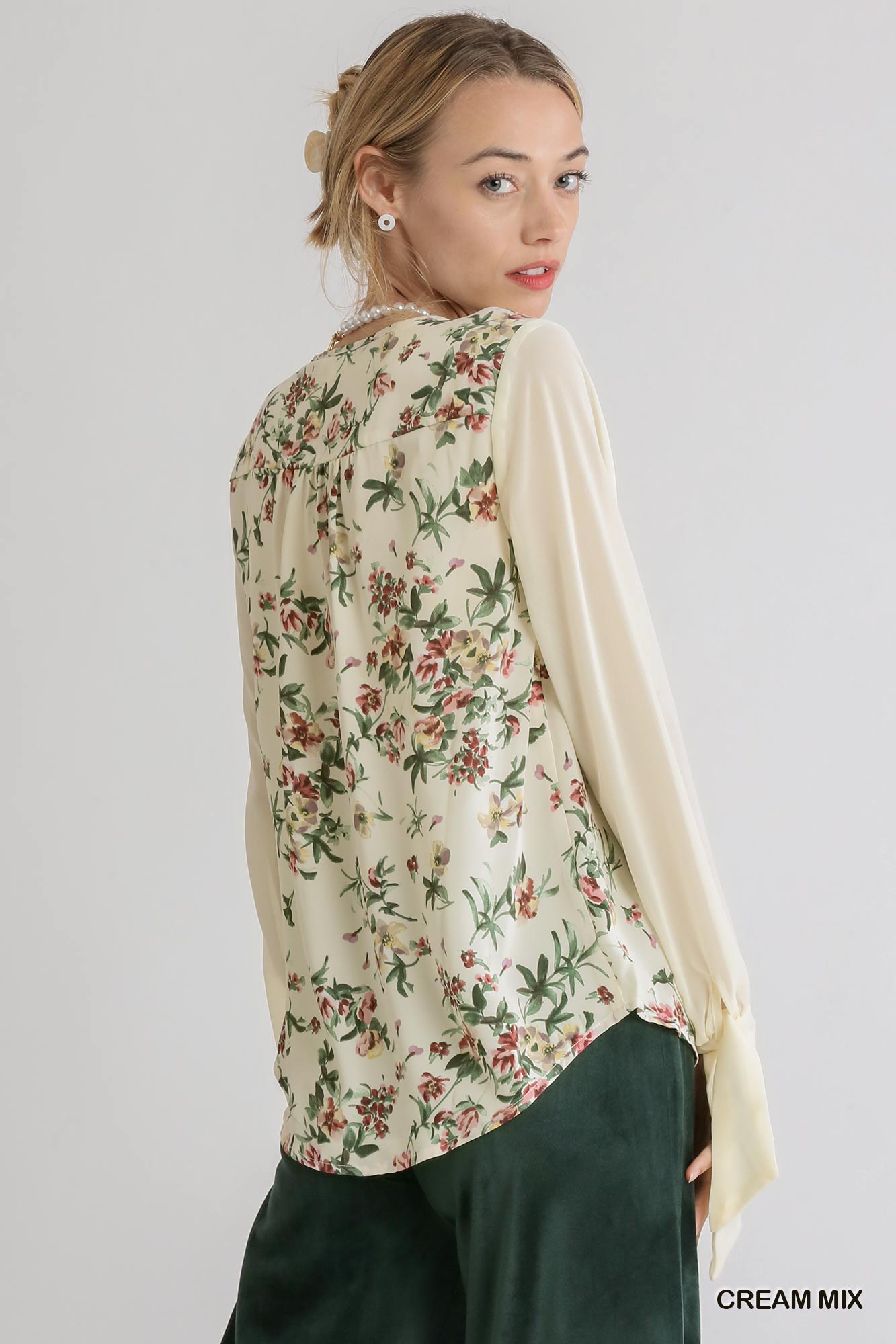 Mixed Floral Print Half Button Front Long Sheer Sleeve Top With Knotted Cuffs - Mainstream Boutique