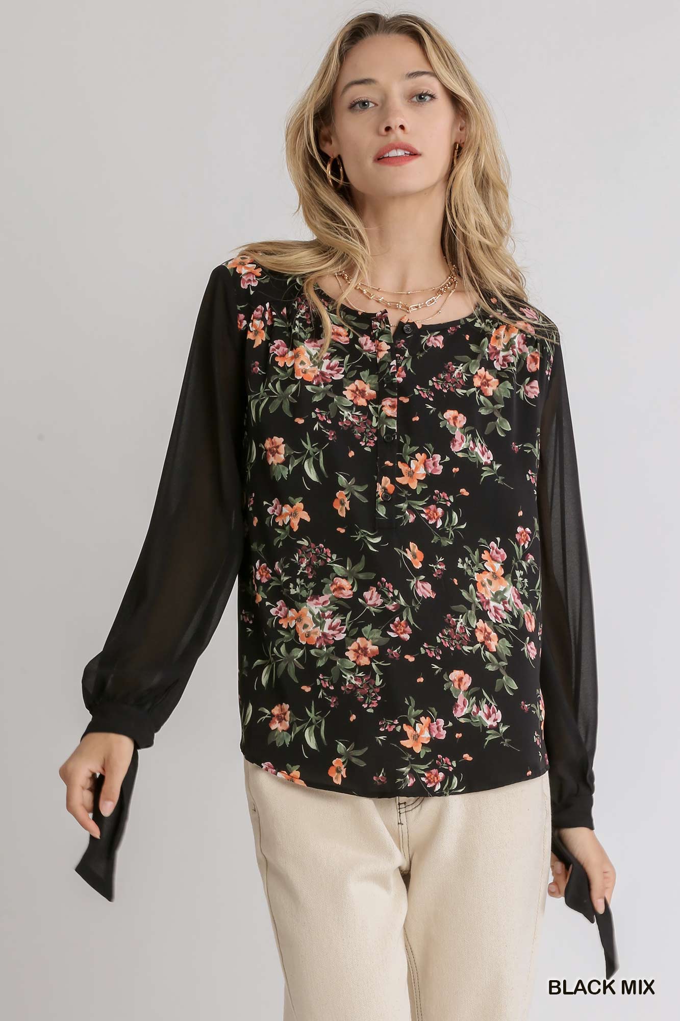 Mixed Floral Print Half Button Front Long Sheer Sleeve Top With Knotted Cuffs - Mainstream Boutique