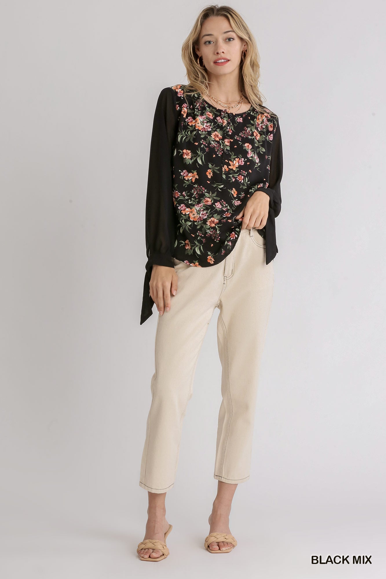 Mixed Floral Print Half Button Front Long Sheer Sleeve Top With Knotted Cuffs - Mainstream Boutique