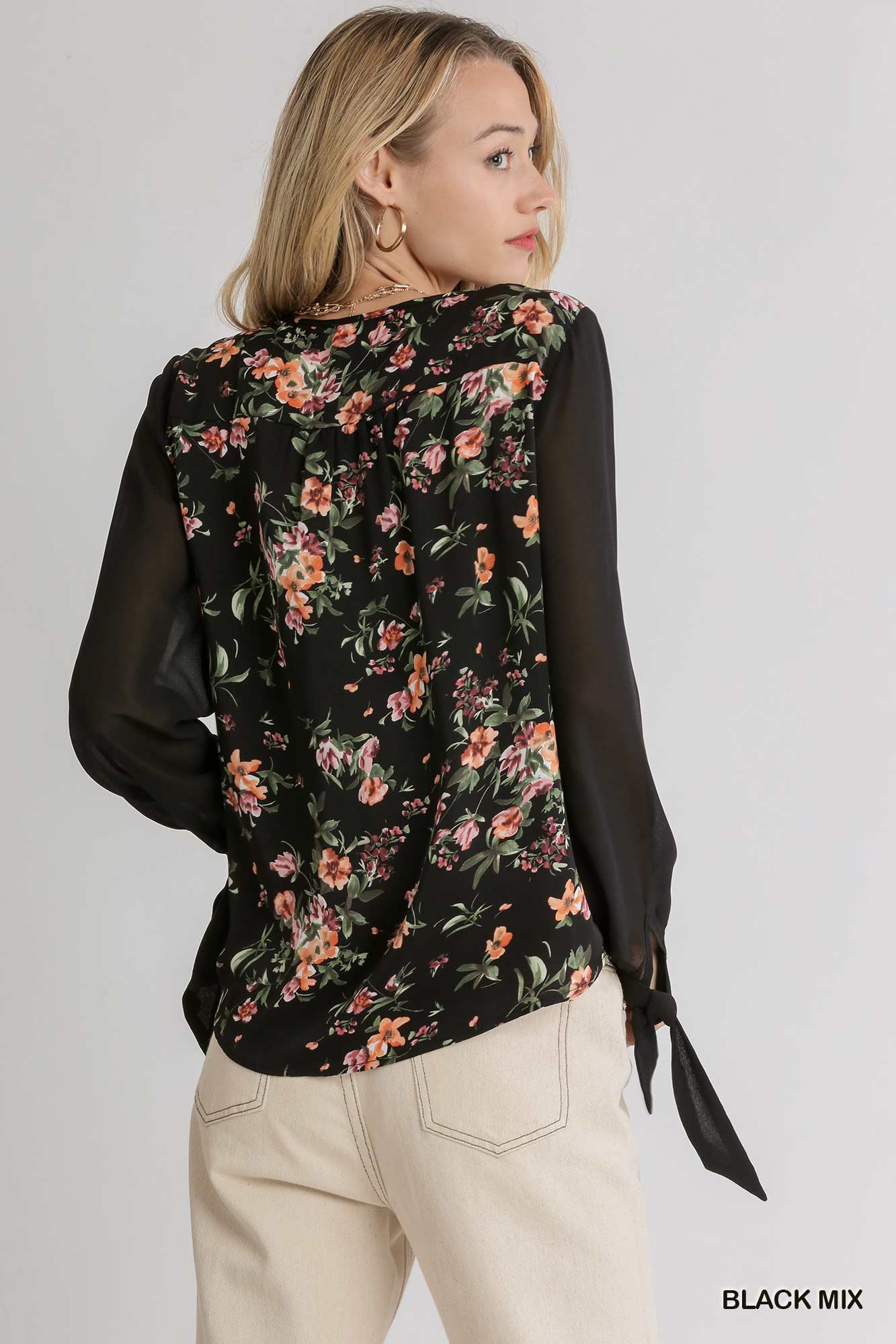 Mixed Floral Print Half Button Front Long Sheer Sleeve Top With Knotted Cuffs - Mainstream Boutique