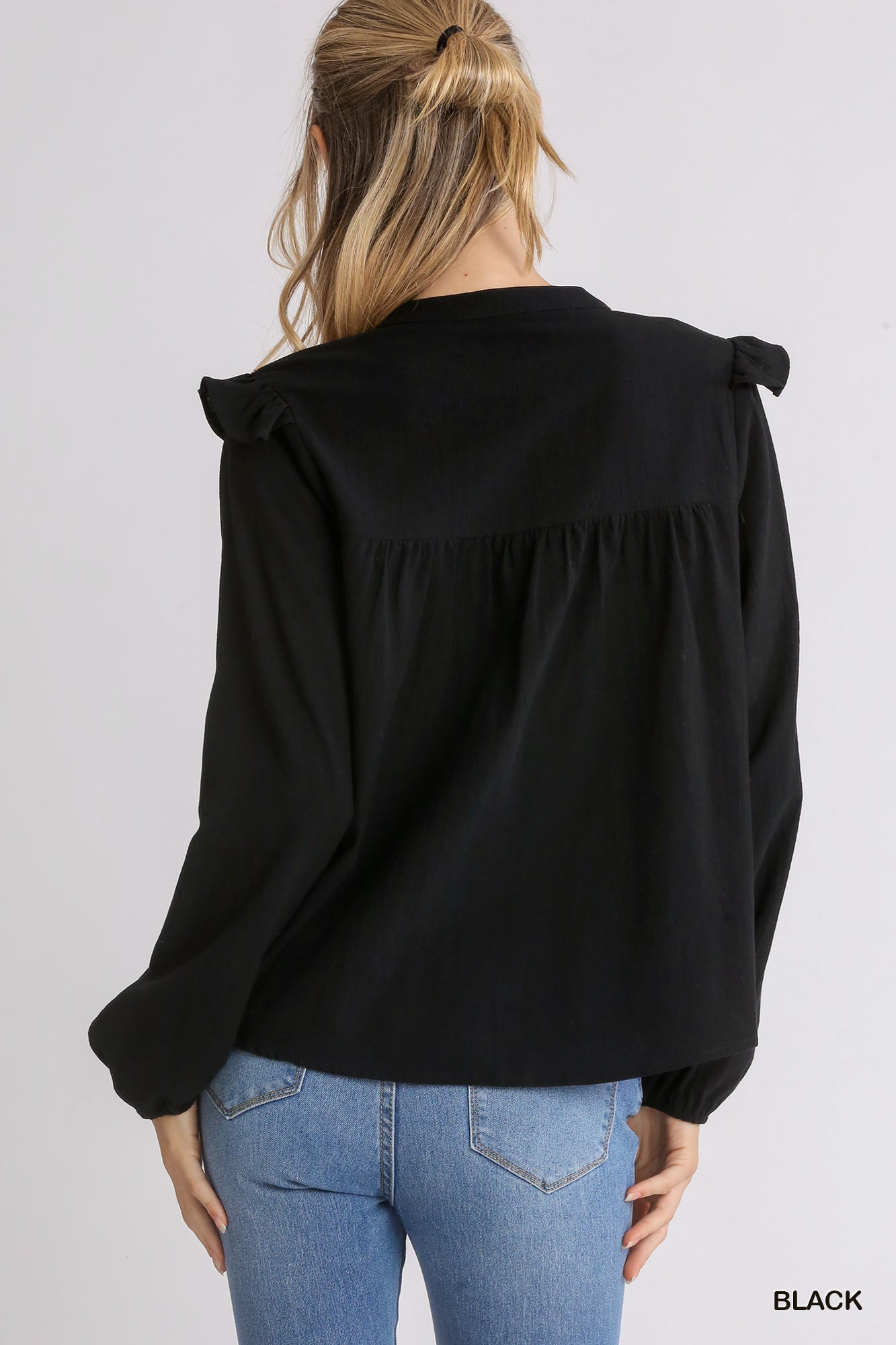 Lace Yoke Gauze Button Front Ruffled Long Sleeve Top - Mainstream Boutique