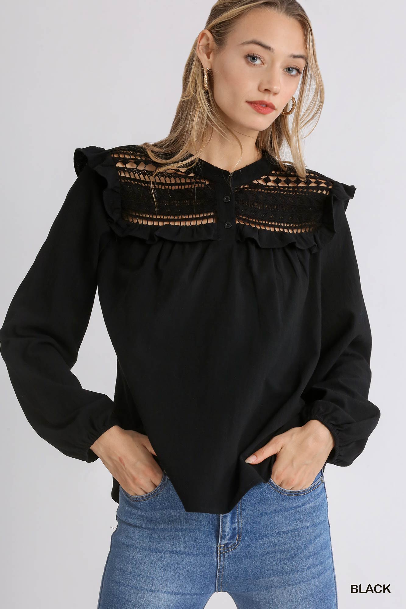 Lace Yoke Gauze Button Front Ruffled Long Sleeve Top - Mainstream Boutique