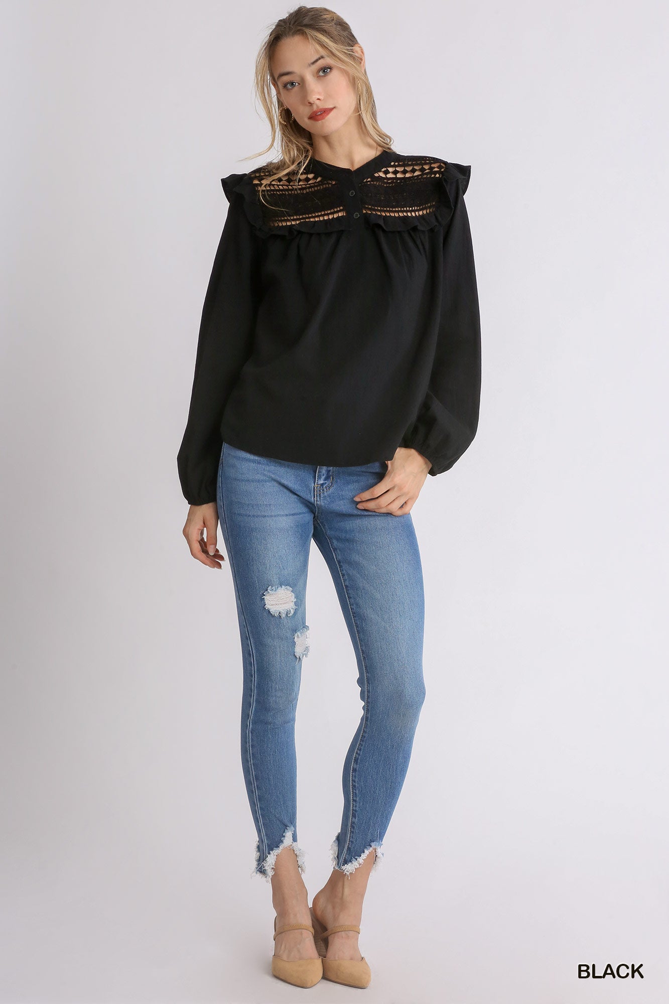 Lace Yoke Gauze Button Front Ruffled Long Sleeve Top - Mainstream Boutique