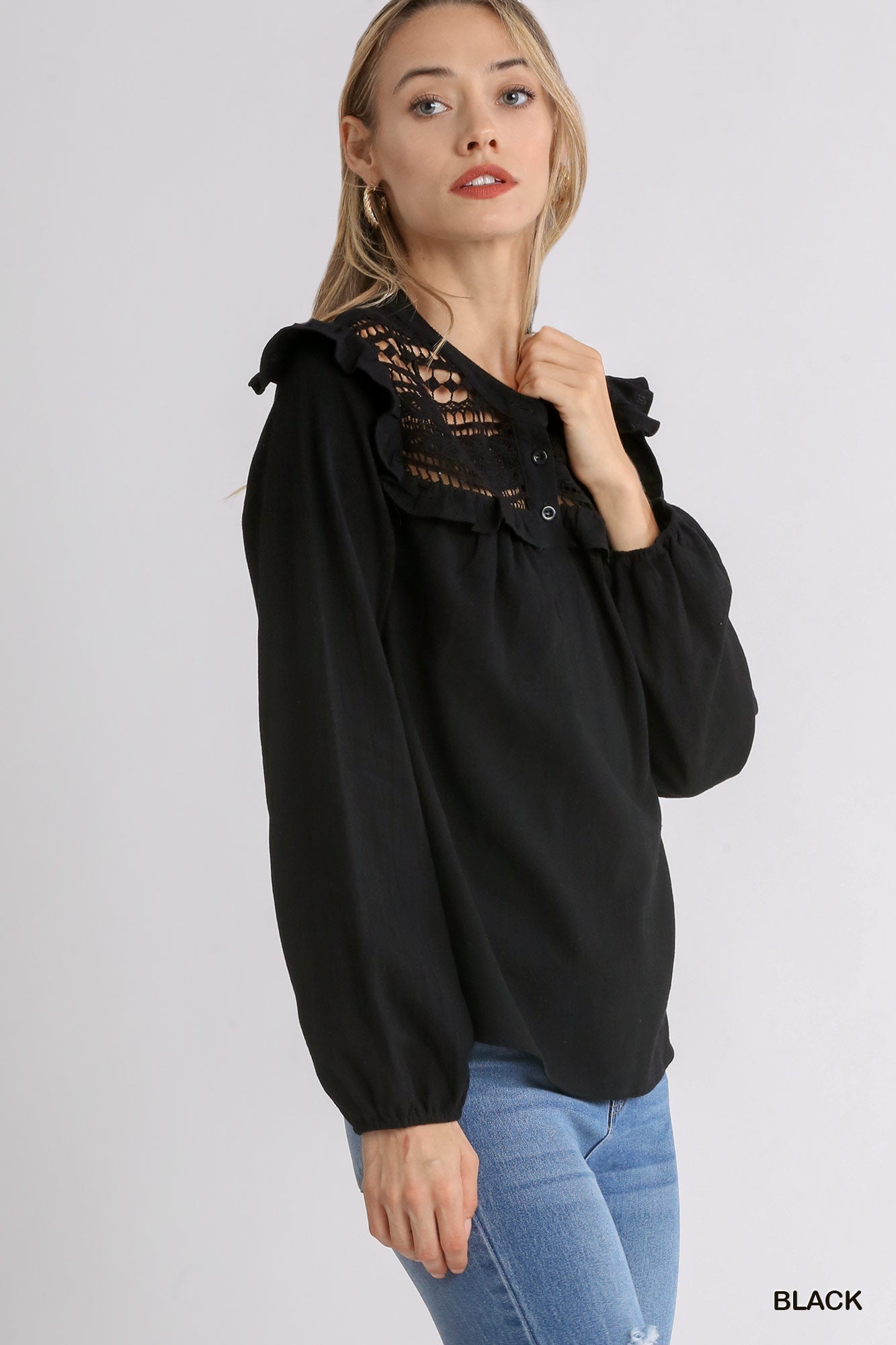 Lace Yoke Gauze Button Front Ruffled Long Sleeve Top - Mainstream Boutique