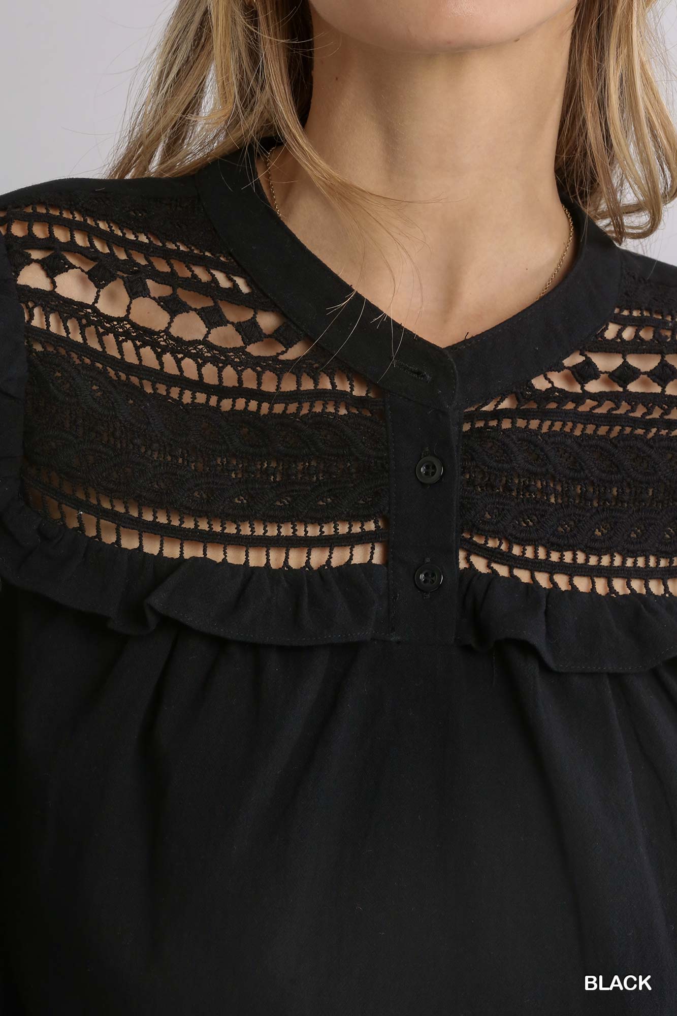 Lace Yoke Gauze Button Front Ruffled Long Sleeve Top - Mainstream Boutique
