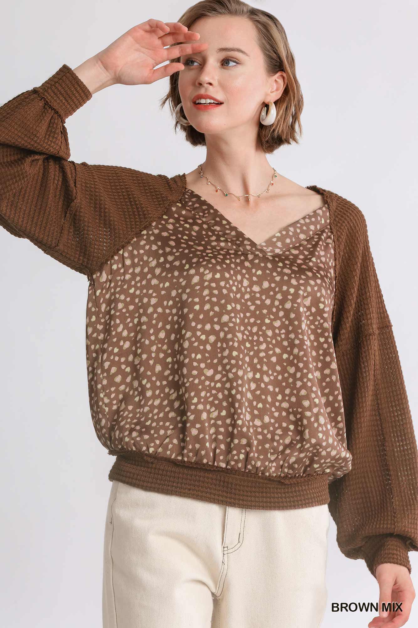 Animal Knit Woven Print Long Sleeve Top - Mainstream Boutique