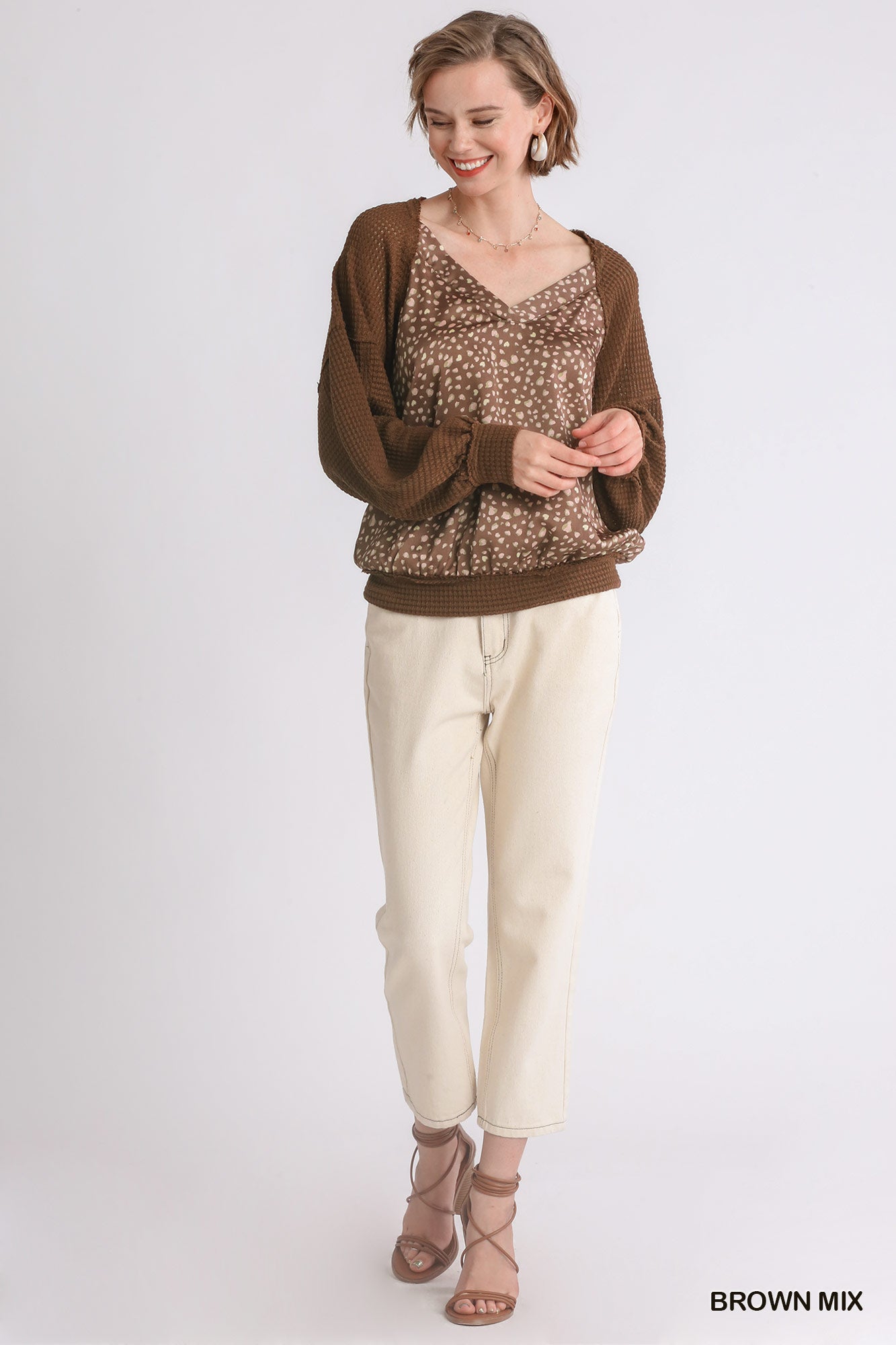 Animal Knit Woven Print Long Sleeve Top - Mainstream Boutique
