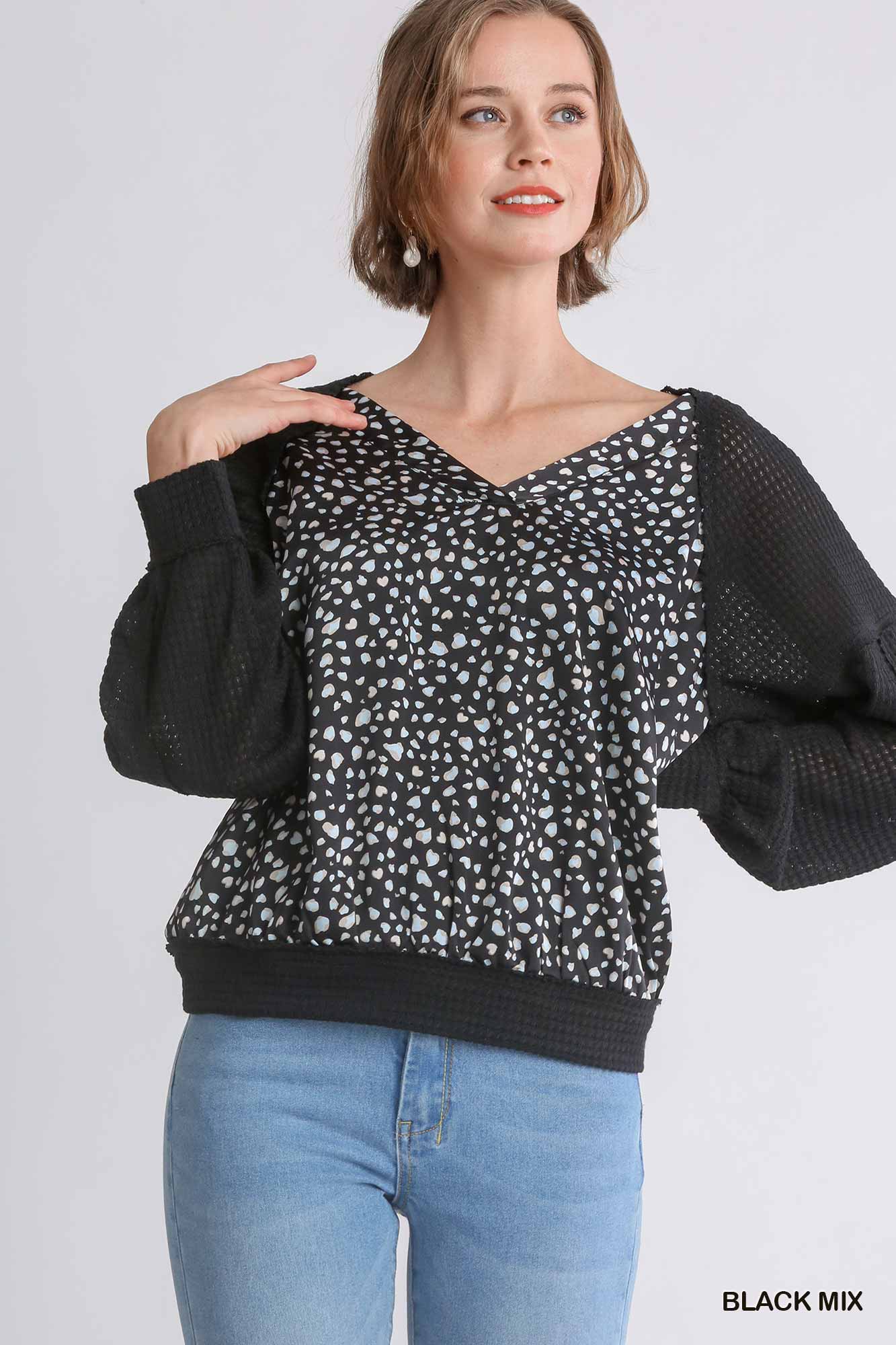 Animal Knit Woven Print Long Sleeve Top - Mainstream Boutique