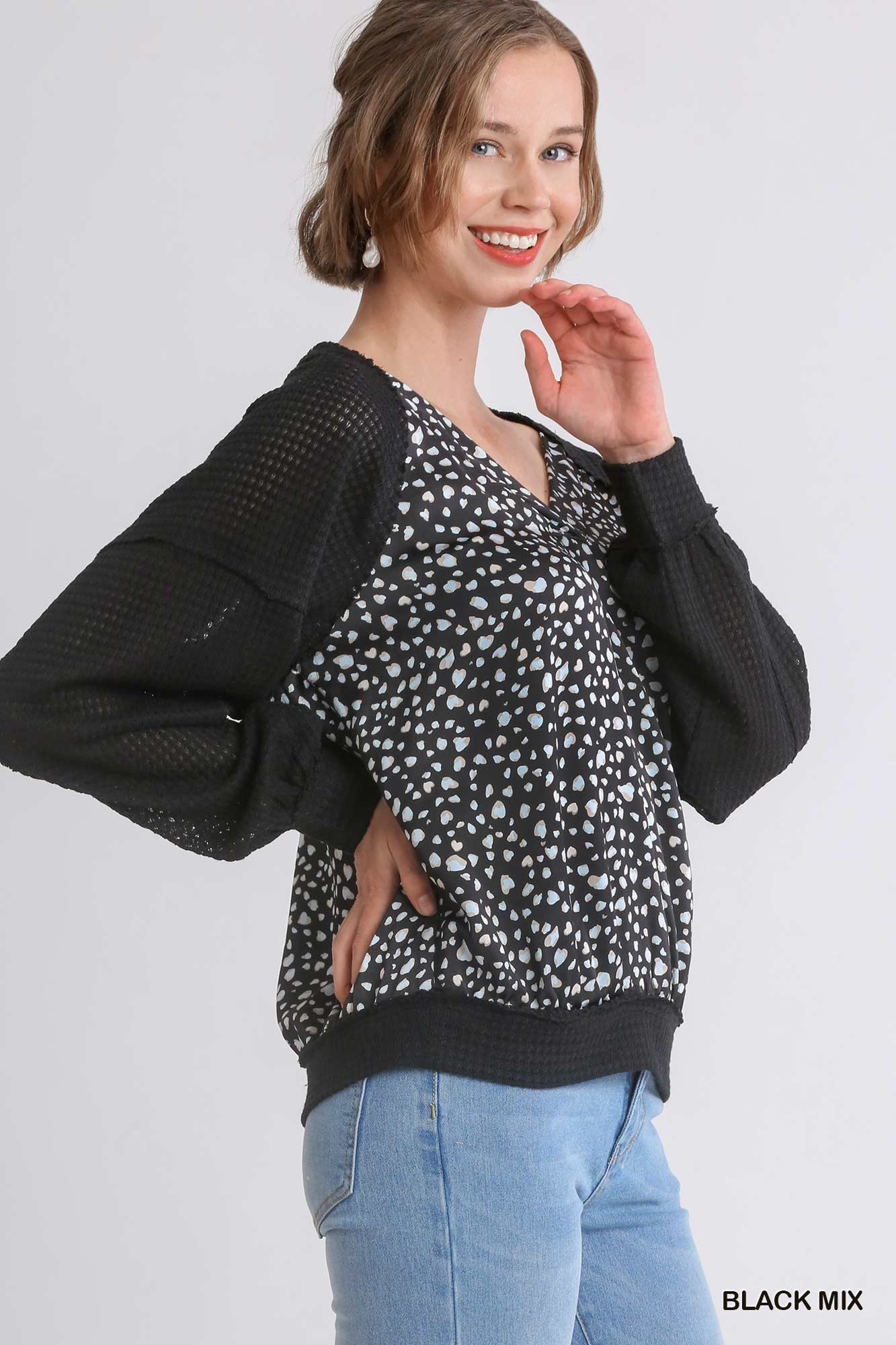 Animal Knit Woven Print Long Sleeve Top - Mainstream Boutique