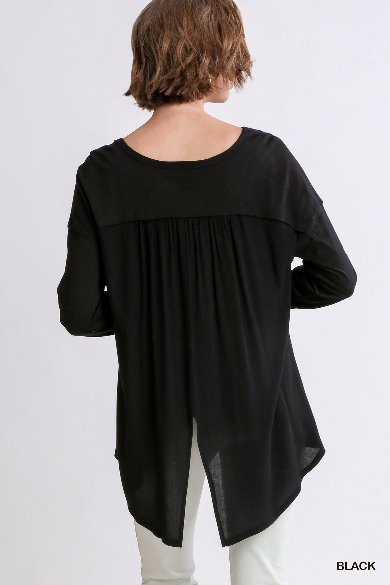 Round Neck Slub Knit Woven Top With Raw Edge Split Back - Mainstream Boutique