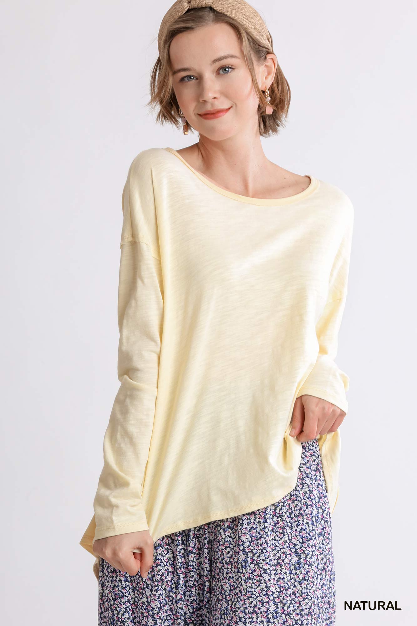 Round Neck Slub Knit Woven Top With Raw Edge Split Back - Mainstream Boutique