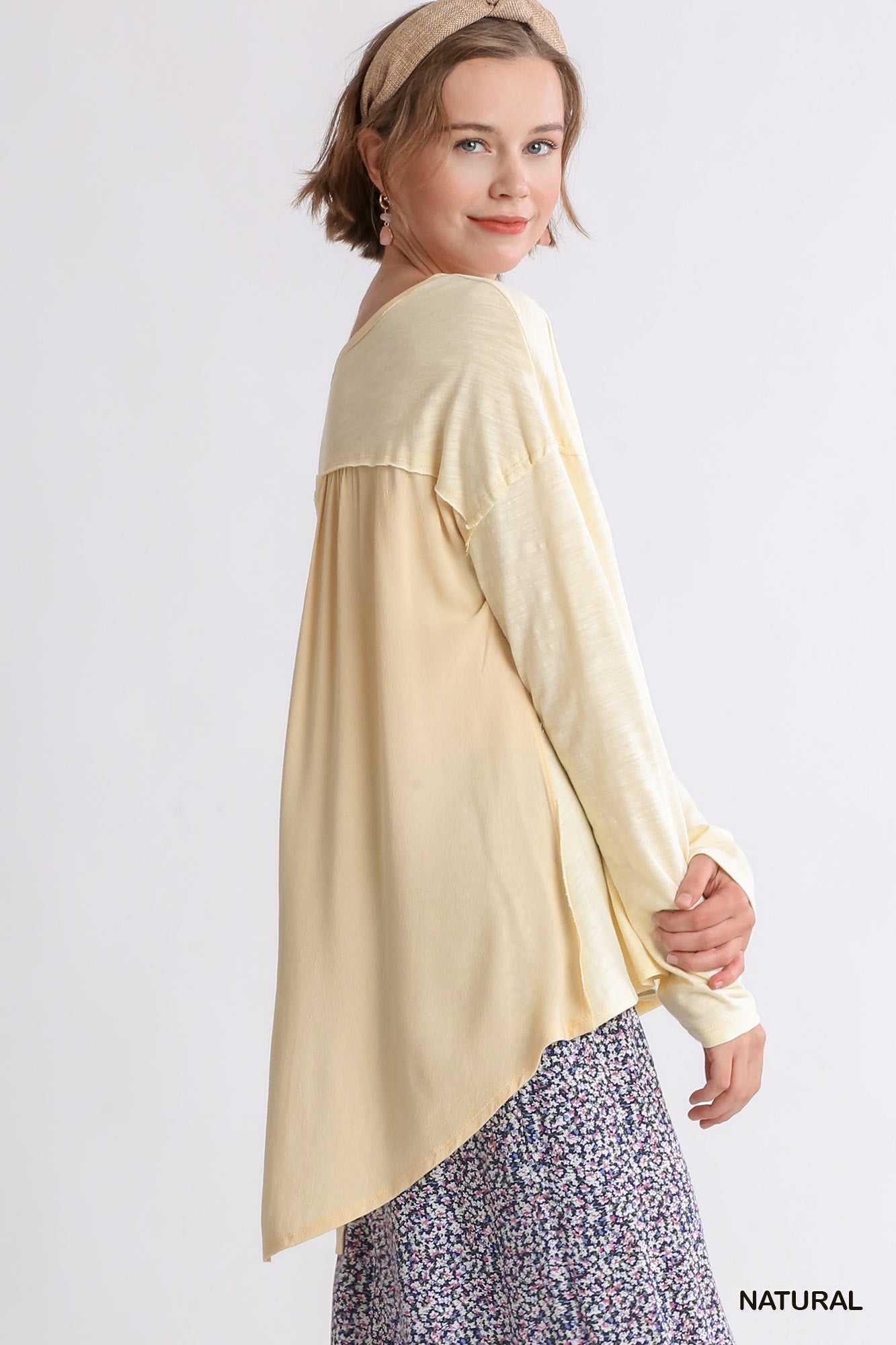 Round Neck Slub Knit Woven Top With Raw Edge Split Back - Mainstream Boutique