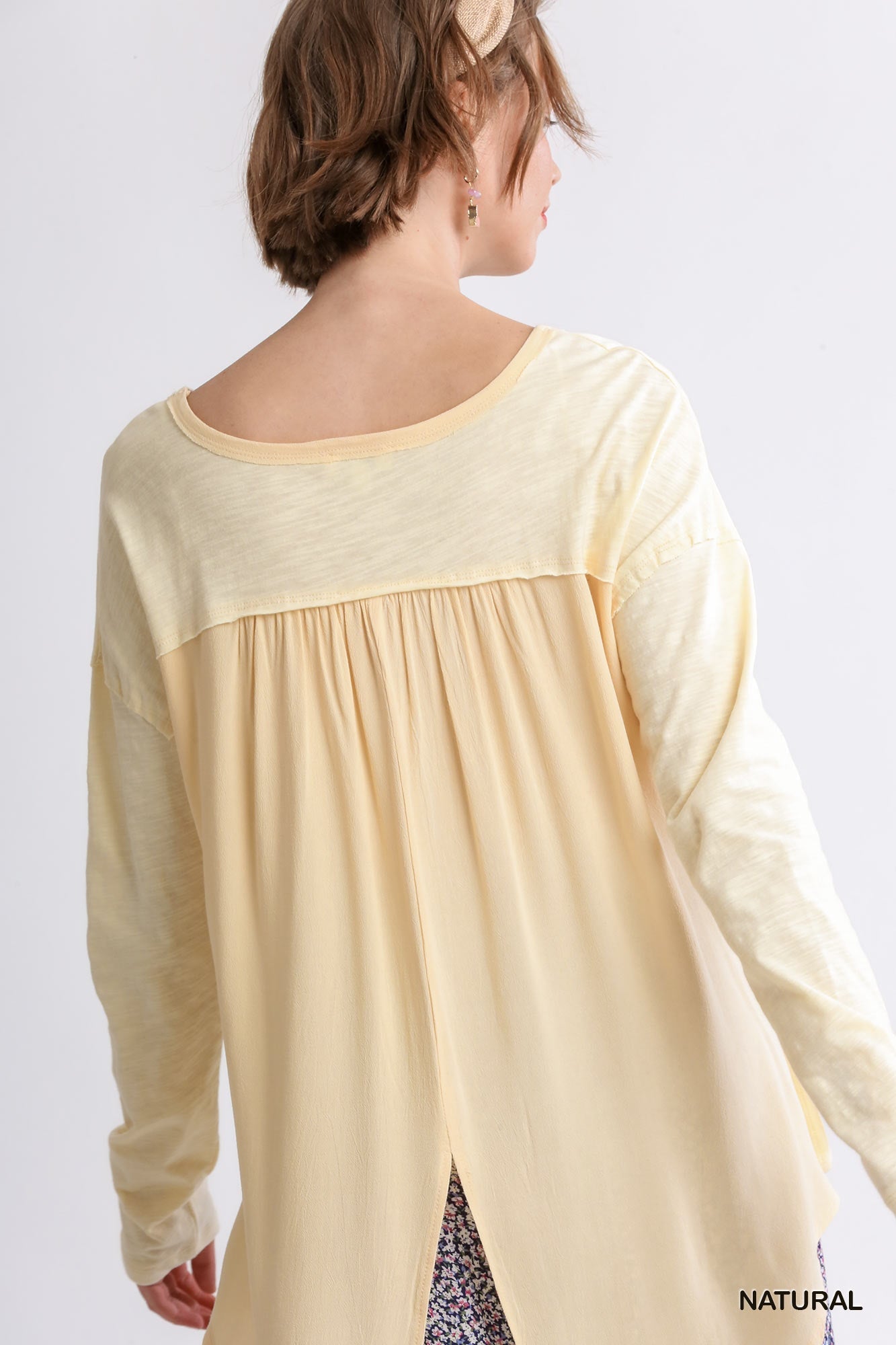 Round Neck Slub Knit Woven Top With Raw Edge Split Back - Mainstream Boutique