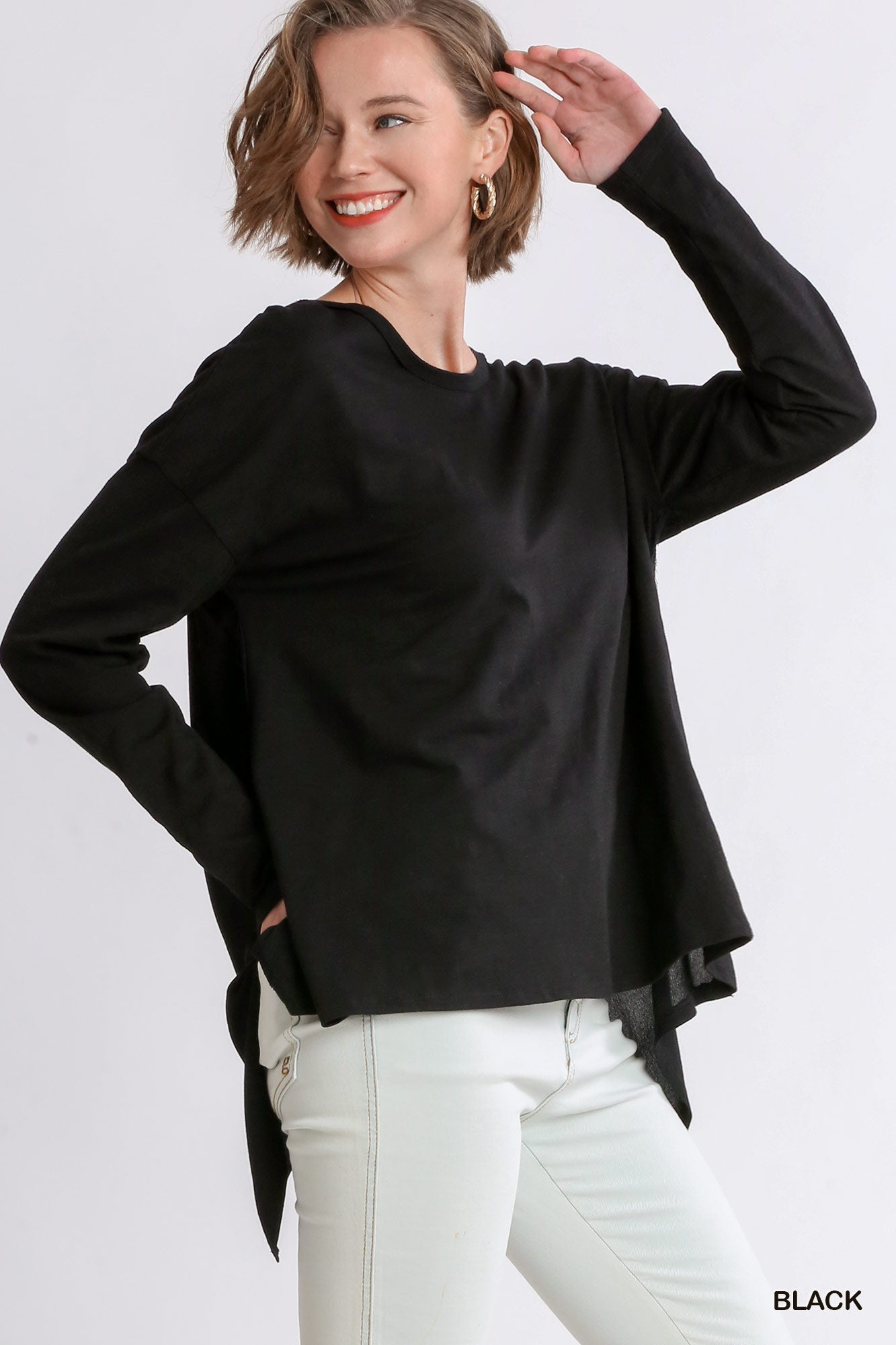 Round Neck Slub Knit Woven Top With Raw Edge Split Back - Mainstream Boutique