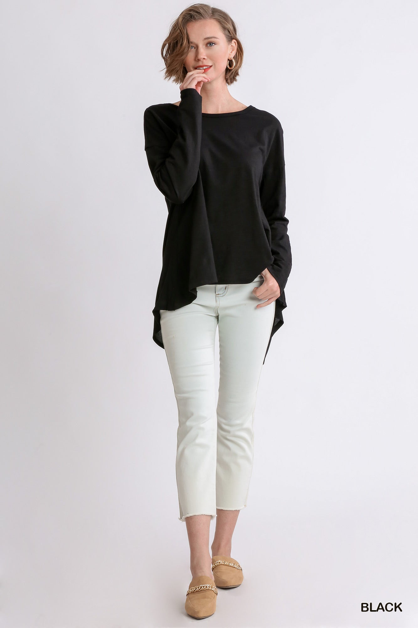 Round Neck Slub Knit Woven Top With Raw Edge Split Back - Mainstream Boutique