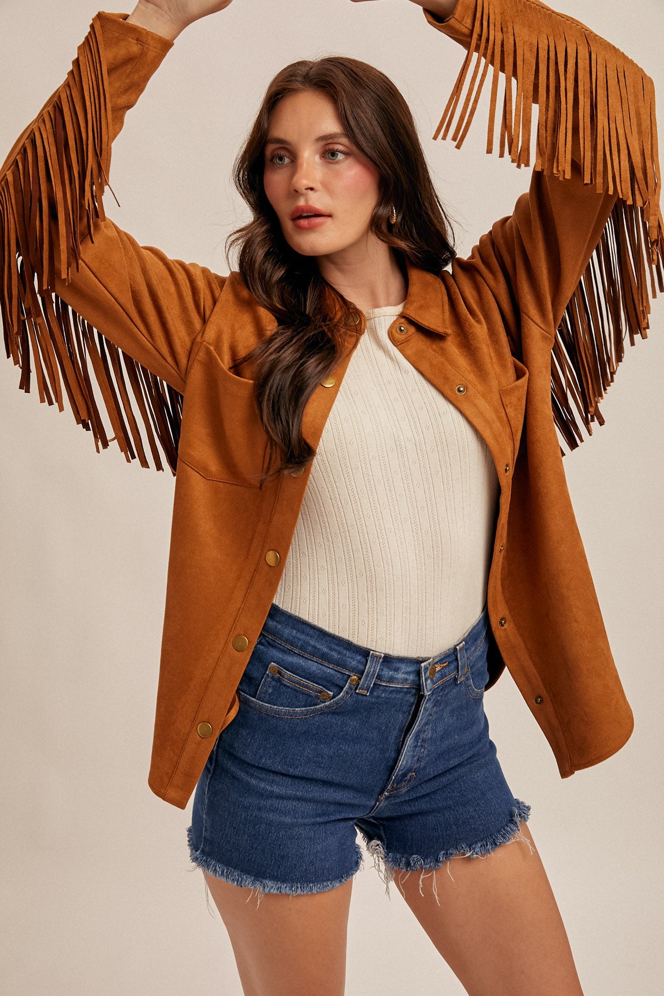 Suede Button Down Top With Fringe Detail - Mainstream Boutique