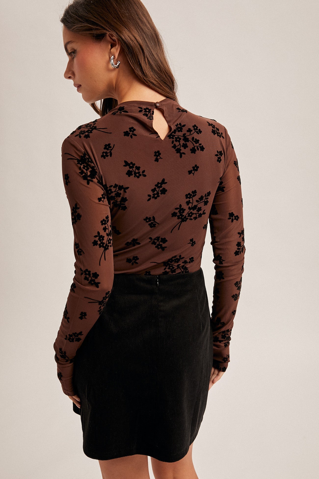 Mock Neck Mesh Velvet Flocked Bodysuit - Mainstream Boutique