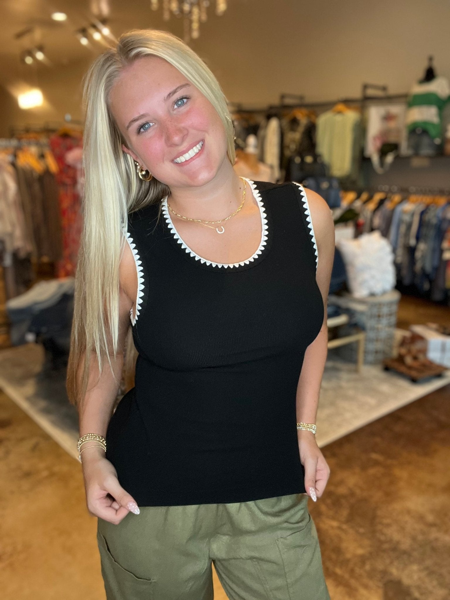 Rib Sleeveless Tank With Embroidery Detail - Mainstream Boutique