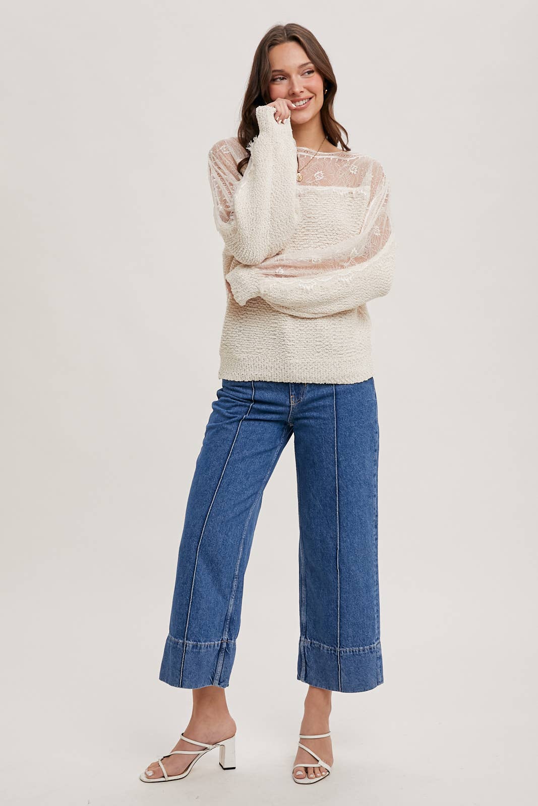 BOAT NECK LACE TRIMMED KNIT SWEATER PULLOVER - Mainstream Boutique