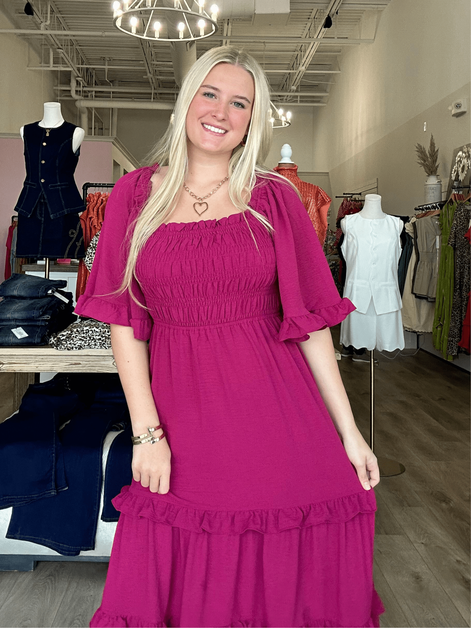 BELL SLEEVE SQUARE NECK SMOCKED TIERED MIDI DRESS - Mainstream Boutique