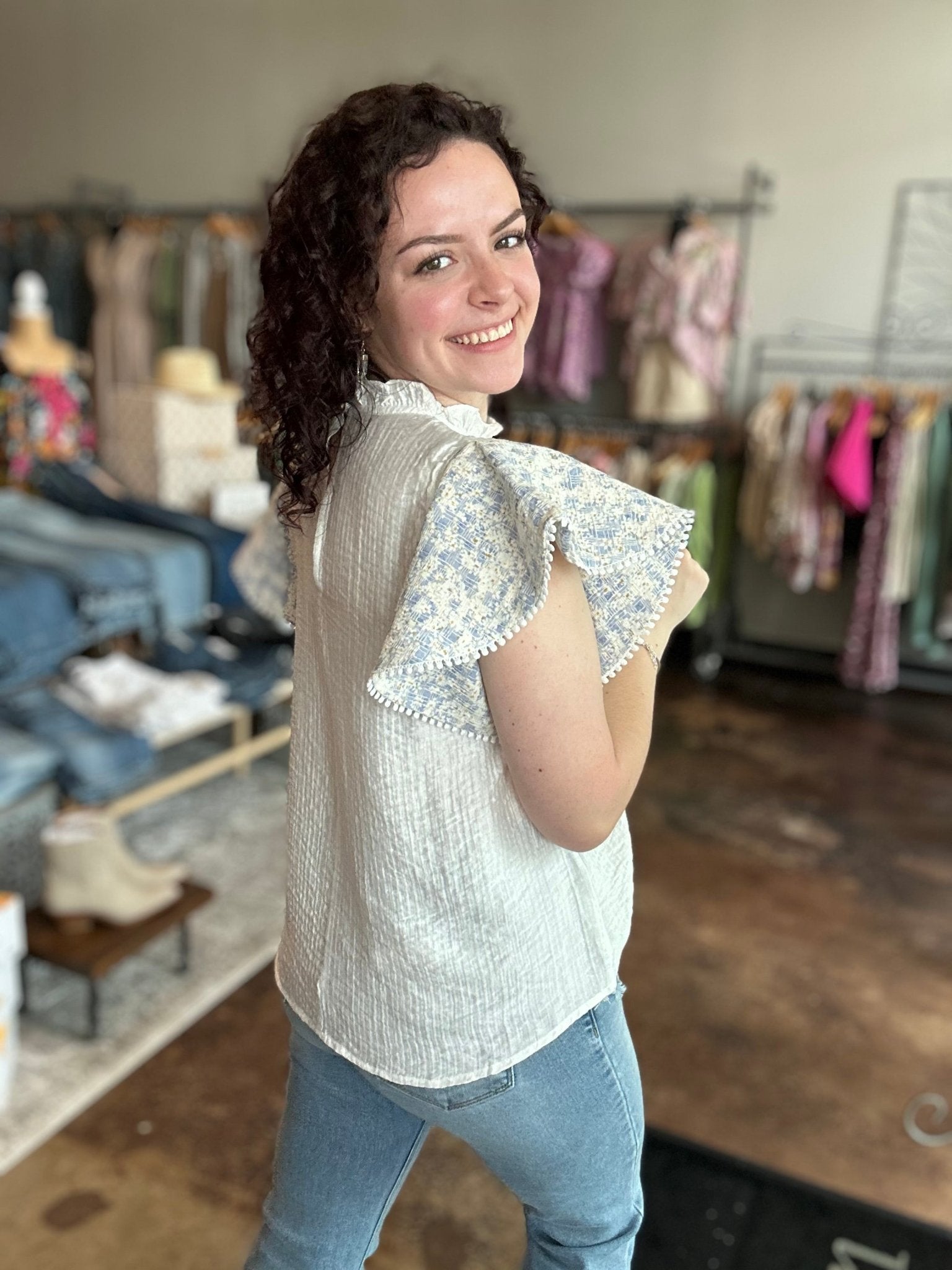 Mixed Media Flutter Sleeve Top - Mainstream Boutique