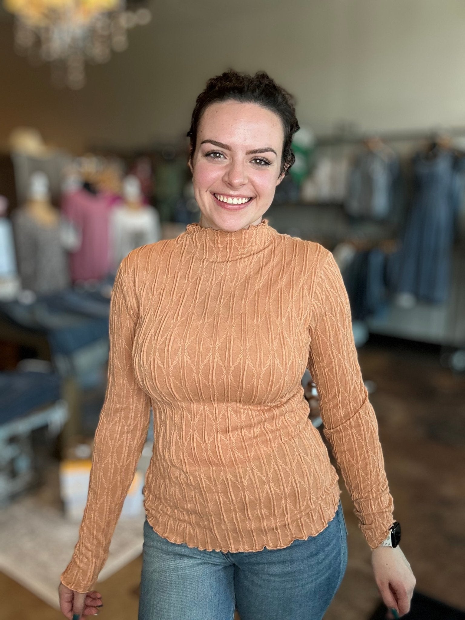 Ruched Mock Neck Textured Top - Mainstream Boutique