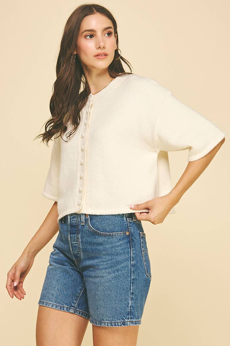 Pinch Button Down SS Sweater - Cream - Mainstream Boutique