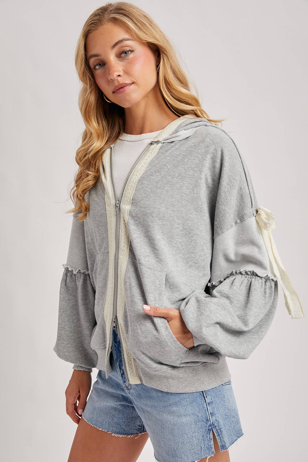 BALLOON SLEEVE LACE TRIMMED ZIPPER FRONT HOODIE OUTERWEAR - Mainstream Boutique
