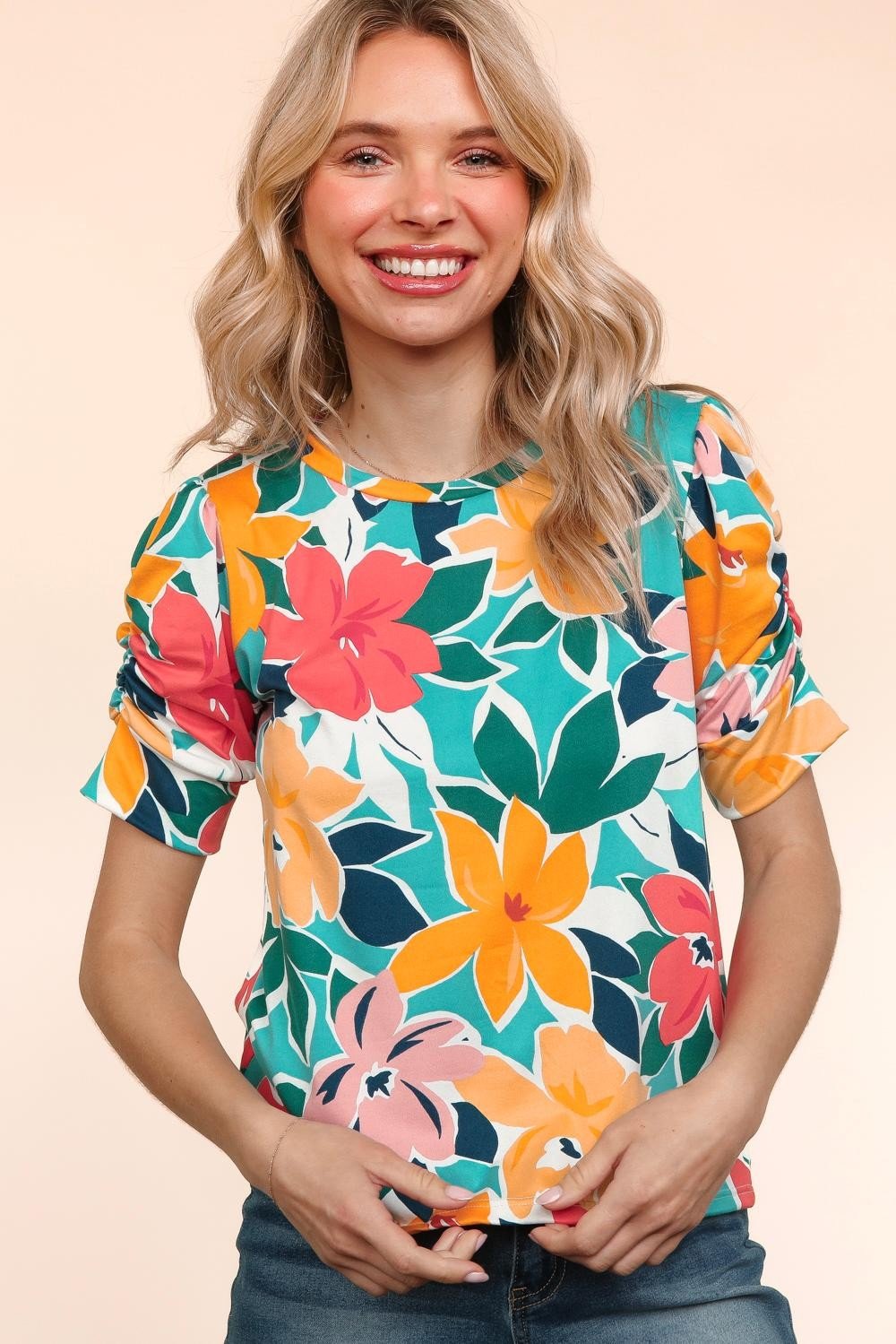 Floral Top W/ Shirring Detail Bubble Sleeve - Mainstream Boutique