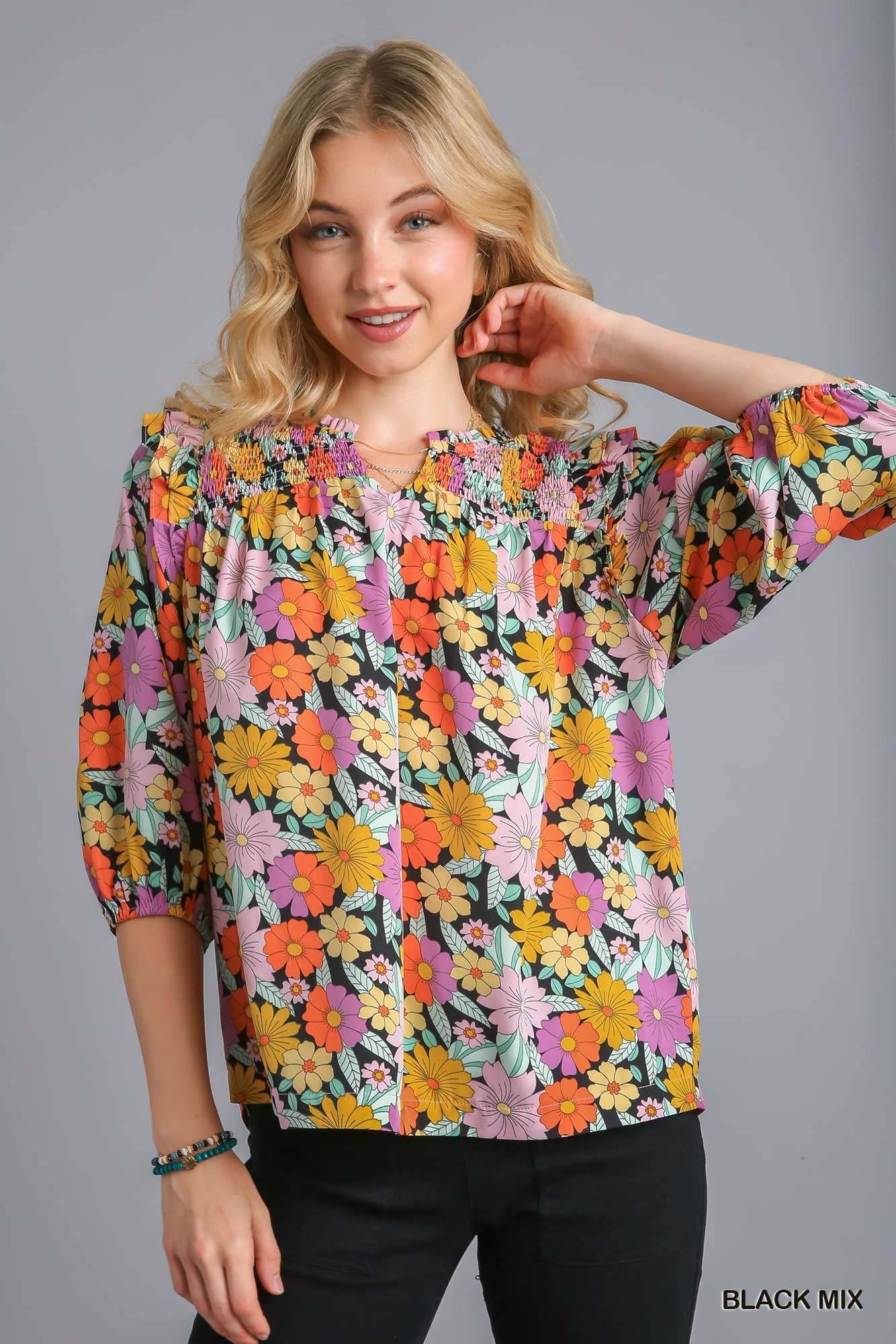 Multicolor Flower Print V - Notched Top - Mainstream Boutique