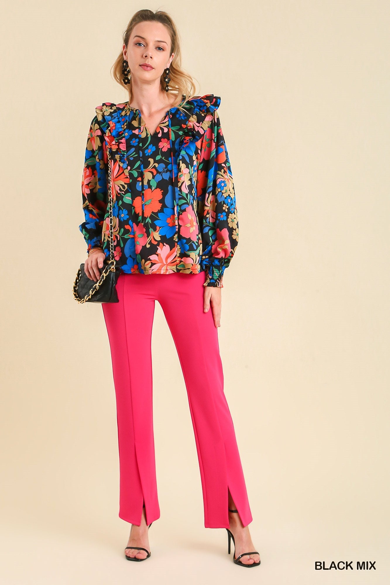 Satin Floral Print Top With Ruffle - Mainstream Boutique