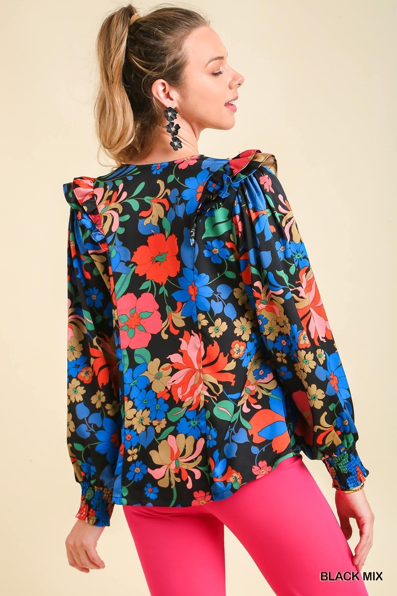 Satin Floral Print Top With Ruffle - Mainstream Boutique