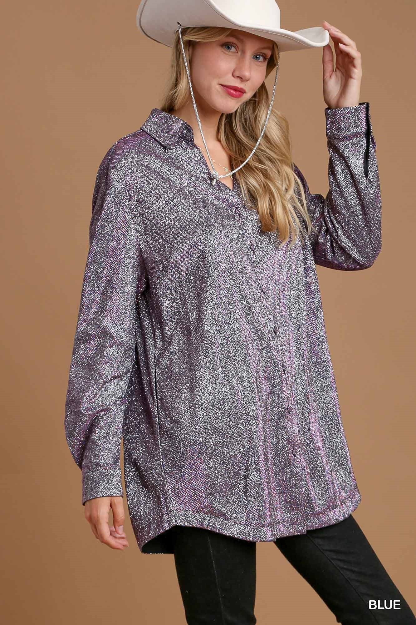 Shimmer Button Down Tunic W/Pockets - Mainstream Boutique