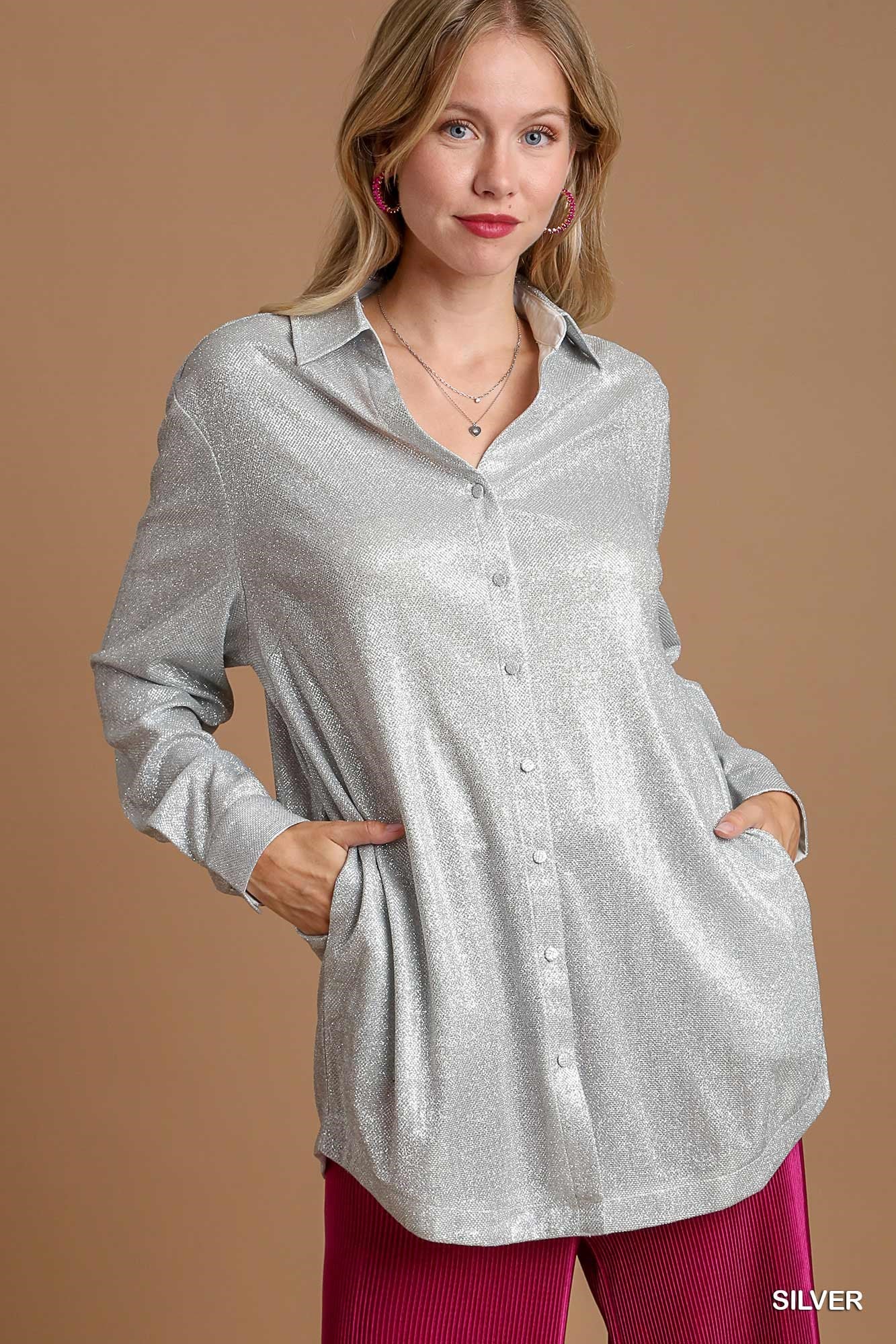 Shimmer Button Down Tunic W/Pockets - Mainstream Boutique