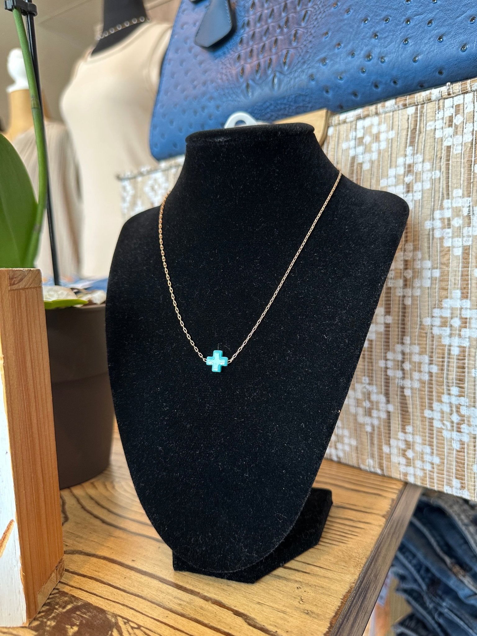 Gold Chain With Teal Cross Necklace And Stud Earring Set - Mainstream Boutique