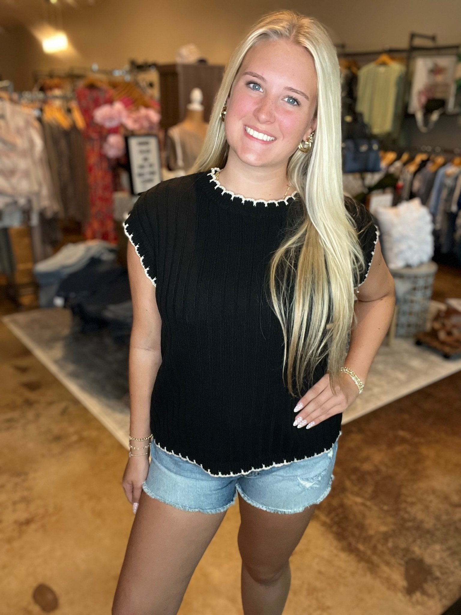 Stripe Knit Sweater With Contrast Scallop Edge - Mainstream Boutique