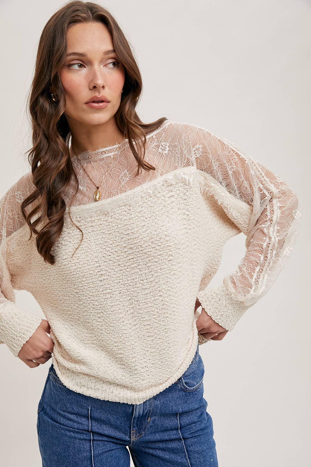 BOAT NECK LACE TRIMMED KNIT SWEATER PULLOVER - Mainstream Boutique